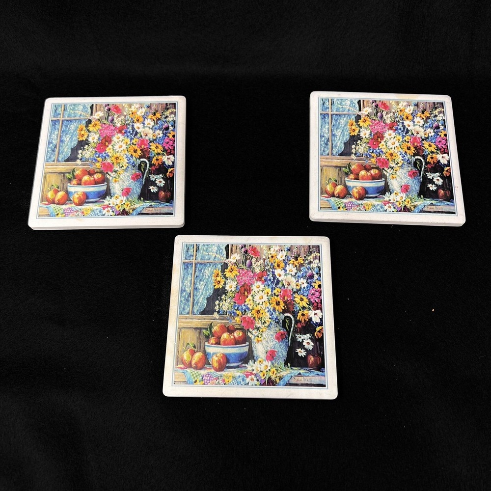Set of 3 "From A Country Garden Wood" Printed Ceramic Coasters Cork Backing 4in